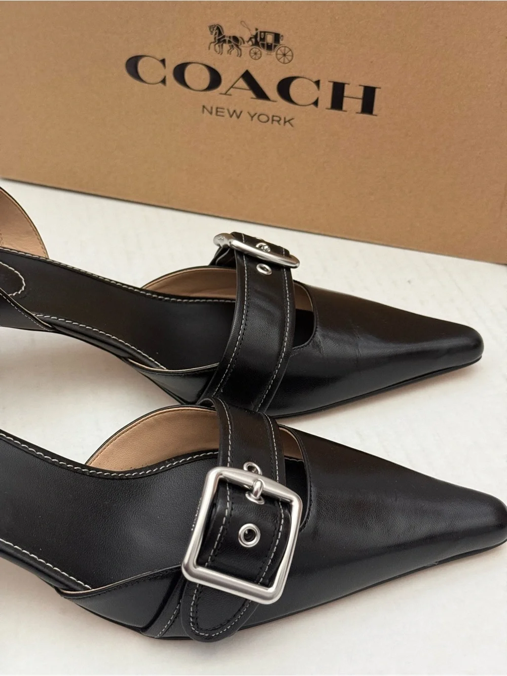 Coach Margot Black Leather Slingback Pump with Silver Buckle Size 10